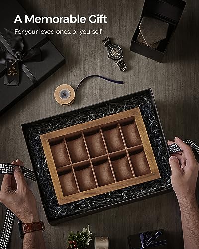SONGMICS 10-Slot Watch Box, Watch Display Case with Large Glass Lid, Removable Watch Pillows, Velvet Lining, Gift Idea, Rustic Walnut UJOW100K01 - color: Rustic Walnut, size: 1 Layer 10 Slot