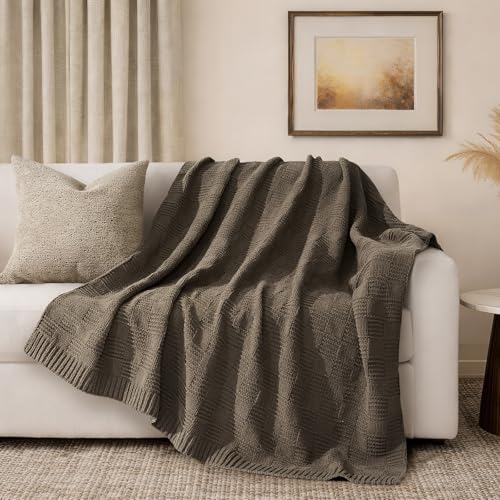 EVERGRACEHOME Modern Checkered Chenille Throw Blanket, Soft Cozy Plaid Knitted Blanket for Sofa & Couch, Decorative Knit Throw for Bed and Living Room, Mocha Brown, 60" x 80" - color: Checkered Mocha Brown, size: 60" x 80"