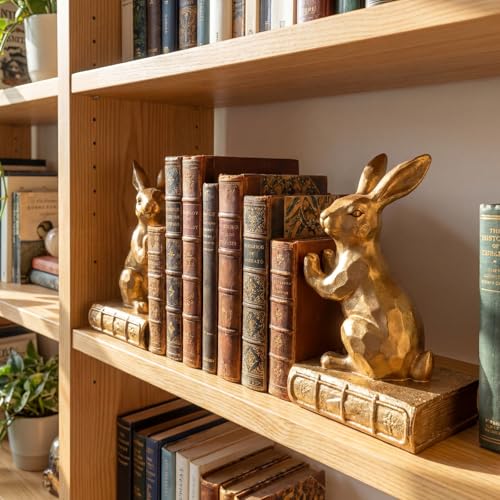 Tatuo 2 Pcs Decorative Rabbit Bookends for Shelves, Bunny Gift Book Ends for Heavy Books Animal Stopper Retriever Statues Bookends with Anti-Slip Base for Book Lover Home Bookshelf, Bronze - style: Rabbit