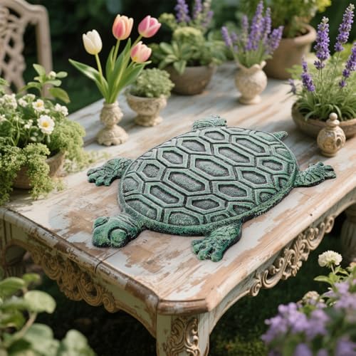 Lawei Cast Iron Turtle Stepping Stone, Sturdy Metal Stepping Mat for Front Door, Garden, Lawn and Yard, Verdigris Tortoise Decorative Stone Path Paver for Outdoor Walkway, 12.5 x9.4 Inch