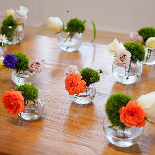 32 Pack Glass Bubble Vases, Small Clear Bud Vases (3 Textures 2 Sizes) Round Mini Globe Bubble Bowl Vases Bulk for Table Centerpieces, Candle Holders, Wedding Event & Home Decor