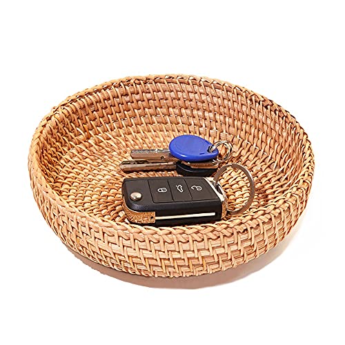 Small Round Keys Basket for Entryway Woven Baskets for Organizing Tabletop Decorative Wicker Organizer Basket for Keys Wallet Cell Phone for Fruit Candy Cracker
