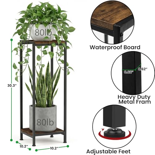 TOSKING 30" Tall Plant Stand, 2-Tier Metal & Wood Plant Shelf, Heavy Duty Flower Pot Holder (Holds 160 lbs) for Living Room, Corner, Balcony and Garden - size: 2-tier 30'' Wood