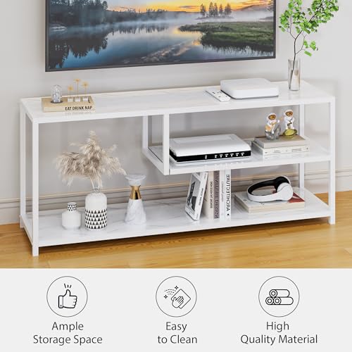 Function Home TV Stand for TVs up to 55 Inch, 3 Tier Entertainment Center, Media Console with Open Storage Shelves for Living Room Bedroom, 47” Modern TV Table with Wood Top White Metal Legs - color: 47" White