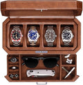 ROTHWELL 4 Slot Leather Watch Box with Valet Drawer - Luxury Case Display Jewelry Organizer, Locking Display Case Holder with Real Glass Top - Watch Box Organizer for Men & Women (Tan) - color: Tan / Brown