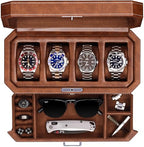 ROTHWELL 4 Slot Leather Watch Box with Valet Drawer - Luxury Case Display Jewelry Organizer, Locking Display Case Holder with Real Glass Top - Watch Box Organizer for Men & Women (Tan) - color: Tan / Brown