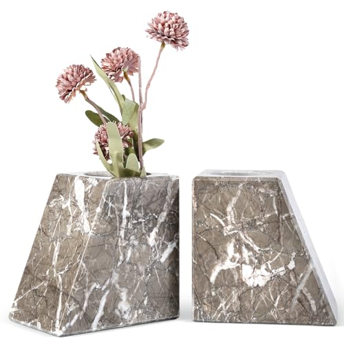 Marble Bookends Decorative, Natural Stone Book Stopper for Shelves, Unique Vase Book Ends for Home, Kitchen and Office Decoration (Gris Lido) - color: Gris Lido