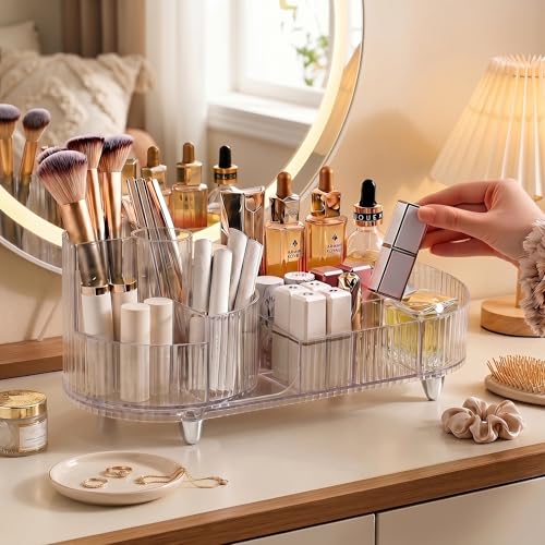 Booklov Rotating Makeup Organizer for Vanity, Large Capacity Cosmetic Display Case, Clear Acrylic Countertop Beauty Storage Holder for Skincare, Brush Eyeshadow Lipstick, Counter Desk, Crystal Clear - color: Crystal Clear, size: L01