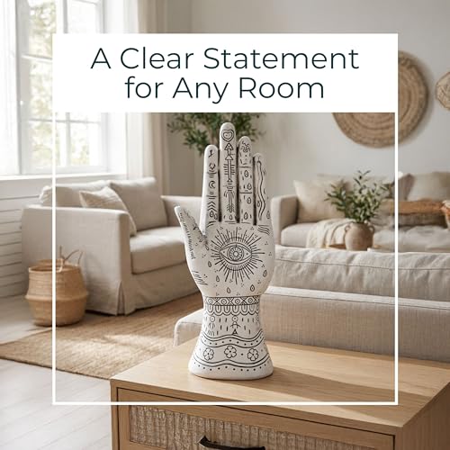 Resin Tattoo Hand Figurine for Home and Office Decor - Artistic Symbols Accent Display for Bathroom, Living Room, and Shelf - Graphic Sculpture Ornament for Coffee Table Decor - 10", White & Black - color: White
