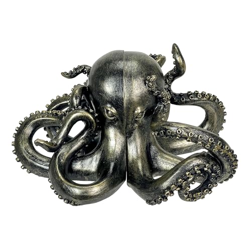 Bronze Octopus Bookends Set of 2 – Nautical Coastal Polyresin Sculptures for Bookshelves, Office, Bedroom, Library – Distressed Painted Finish, Ocean Animal Decor, Unique Gift, Felt Pad Feet - color: Octopus - Bronze