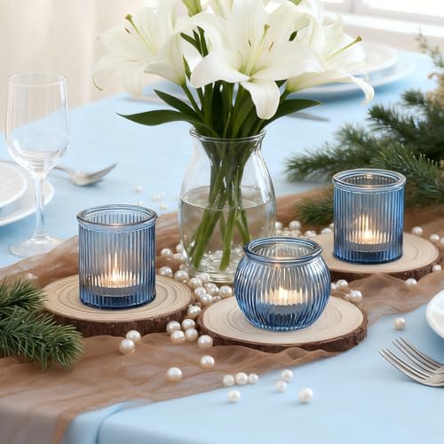 NITIME 48pcs Assorted Blue Votive Candle Holders for Wedding Decor, Ribbed Glass Tea Lights Candle Holder, Blue Candle Holder for Table Centerpiece, Party and Holiday Decorations - color: Blue