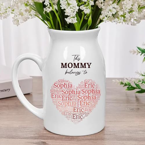 Personalized Mommy Heart Vase - Custom This Mommy Belongs to Flower Vase with Heart Word Cloud of Kids Names, Unique Gift for Mom, Nana, Gigi, Mother's Day, Birthday - color: Style 02