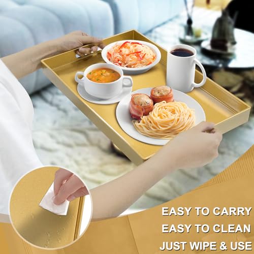 MAONAME Gold Decorative Tray for Coffee Table, Modern Serving Tray with Handles, Plastic Ottoman Trays for Living Room, Bathroom Decor, 15.8" L x 10.2" W x 1.4" H - color: Gold, size: 15.8" x 10.2" x 1.4"