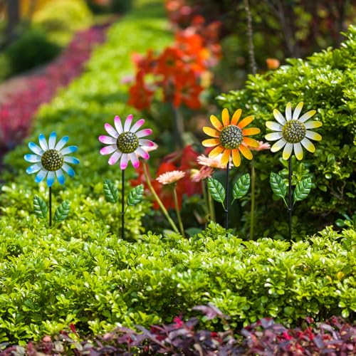 4 Packs Wind Spinner Outdoor, Pinwheels for Yard and Garden, Metal Sunflower Decorative Garden Stakes for Lawn Patio Porch Decor - size: Metal Flowers-4Pack