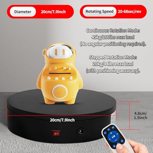 Remote Motorized Electric Turntable Rotating Display Stand Spinning Rotating Platform 360 Photography Turntable lazy susan base giratoria para for Photography,Display,3D Scan,Exhibition rotating table - size: 7.9inch/Black/100Lbs Load