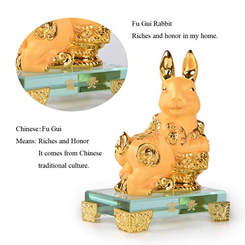 BRASSTAR Golden Resin Chinese Zodiac Rabbit Statue Feng Shui Home Office Table Top Decor Figurine Gift Collection PTZY103