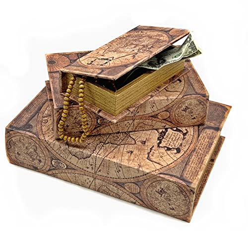 Bellaa Decorative Book Box Antiques Vintage Retro Invisible Secret Storage Faux Leather Wood Magnetic Set of 3 (A Antique Map) - style: A Antique Map