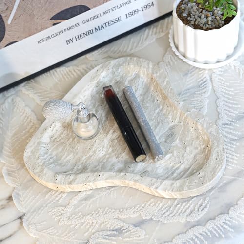 Natural Marble Oval Jewelry Dish, Trinket Tray for Ring & Earring Holder, Vanity/Nightstand Decor with Unique Natural Veins, Gift for Women/Mom/Daughter - color: 021-White Travertine, size: 9.1"L x 9.1"W x 0.7"H