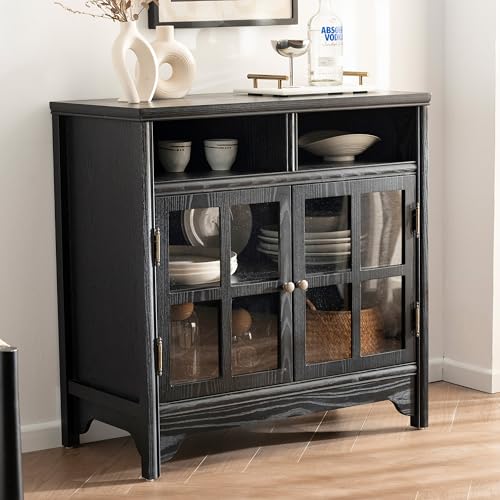 Buffet Cabinet with Storage, Solid Wood Sideboard Cabinet, TV Stands, Coffee Bar Station, Modern Farmhouse Console Table for Dining Room, Kitchen, Living Room, Entryway, Black - color: Black