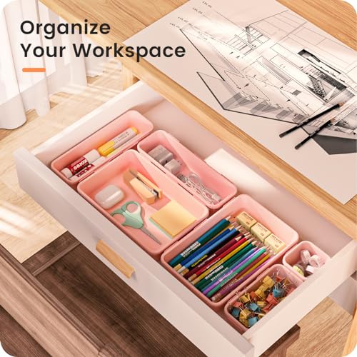 A-LuGei 【𝟮𝟴𝗣𝗖𝗦】 【𝟱𝗦𝗶𝘇𝗲】 Pink Drawer Organizer, Makeup organizer, 【Holds 177 Items】 Bathroom Organizers and Storage, Plastic Desk Organizer Divider, Organizer Bins for Office Vanity - color: Pink