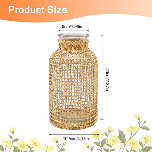 MDEOOSKY Straw Woven Glass Vase 7.87''x1.96''x4.13''Boho Glass Flower Vase Country Rustic Style Vase Glass Vase for Floral Arrangements Bottle Height (B Style 7.87IN) - size: 7.87IN