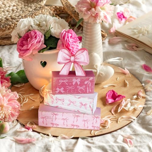 Conelist 4 Pcs Pink Bow Room Decoration Galentines Coquette Gift Pink Bow Block Sign Centerpiece for Table Gift for Teen Girl Birthday Bachelorette Bridal Wedding Baby Shower Valentines Party Supplies - style: Pink Bow