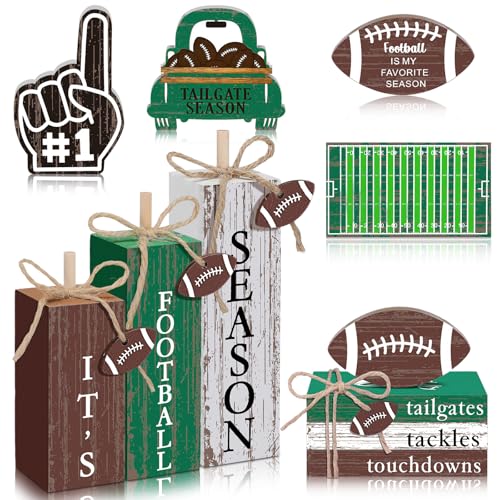 Vercraft 11 Pcs Football Table Decorations Football Tiered Tray Decor Centerpiece Decorative Wood Books Table Top Decor Tailgates Tackles Touchdowns Wooden Sign for Home Party Supplies - style: Football