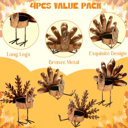 4 Pcs Thanksgiving Turkey Metal Candle Holders, Tealight Holders for Home, Party, Fall Table Kitchen Decorations