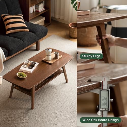 100% Solid Oak Wood Coffee Table for Living Room, 2-Tier Living Room Table with Storage Shelf, Mid Century Modern Coffee Tables (Walnut Colour, 39.37" W x19.68 D x 17.32" H) - color: Walnut Colour, size: 39.37"W x19.68" D x 17.32" H