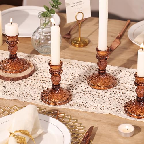 12Pcs Amber Candlestick Holders Set- 4" H Taper Candle Holders Bulk, Glass Candle Holders for Wedding, Party, Fall Dinner Table Centerpieces, Festival Gifts & Windowsill Decor - color: Amber Dimond Pattern