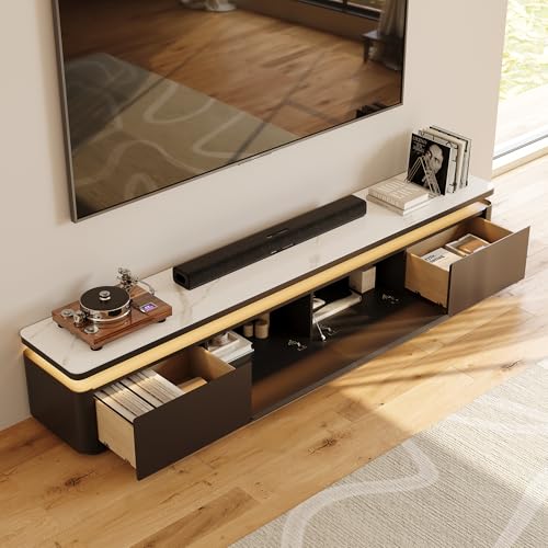 POVISON Fully Assembled 95" Mid-Century Modern TV Stand with LED Lights, White Glossy Sintered Stone Top Media Console for 85 Inch TV, Drop-Down Doors & Drawers, Open Storage for Living Room - color: White & Black, size: 95"