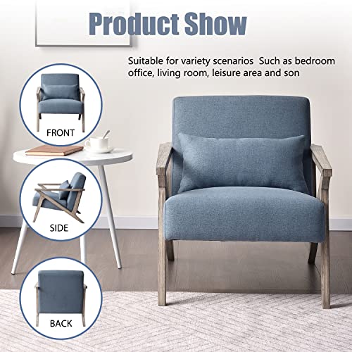 INZOY Mid Century Modern Chair with Wood Frame, Upholstered Armchair with Waist Cushion, Accent Chair for Living Room Bedroom Apartment, Easy Assembly, Blue - color: Blue