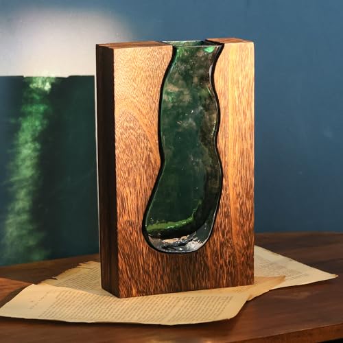 Wood and Glass Inlay Vases Farmhouse Wooden Glass Flower Vase Solid Wood Glass Vase Home Decor Vases for Centerpiece (9.45 Inches) - size: 9.45 Inches