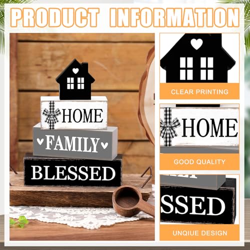 Cinnvoice 4 Pcs Farmhouse Tabletop Decor Rustic Family Blessed Home Table Centerpiece This Is Us Sign for Kitchen Shelf Desk Fireplace Mantel Tiered Tray Decor(Neutral Home Family Blessed) - style: Neutral Home Family Blessed