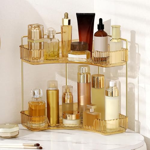 YCIA&DONE Corner Bathroom Counter Organizer, Makeup Organizer for Vanity, Skincare Cosmetic Perfume Tray, Corner Countertop Shelf Rack Storage for Bathroom Kitchen 2 Tiers (Amber Gold) - color: Yellow, size: 2-Tier