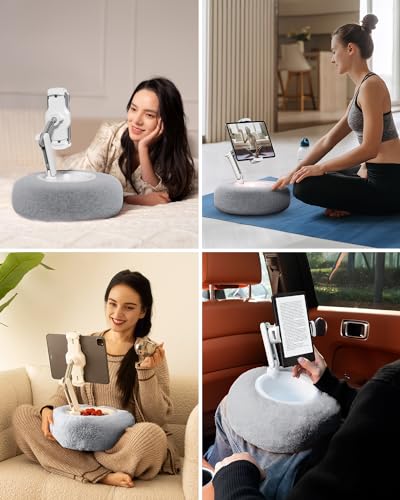 Viozon Tablet Stand Pillow, Compatible with 4.7"-13" Phone/Tablet, iPad, iPhone, Samsung, Google, Kindle, 360°Adjustable Phone Holder for Bed with Soft Plush Fabric, and Detachable Bowl, Grey - color: Grey