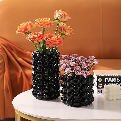 Black Bubble Vases, Black Ceramic Vases Set of 2, Boho Flower Vase for Pampas Grass, Decorative Vase for Dining Table, Wedding, Fireplace Mantel, Office, Wedding - color: Black, size: Large+Medium