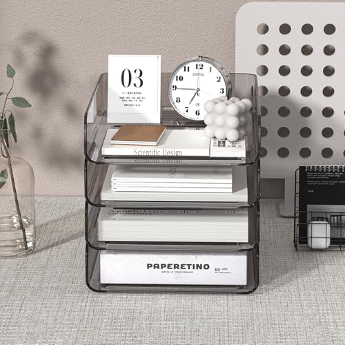 FANXIYQ 4-Tier Acrylic Paper Tray Organizer | Clear Stackable Desk Organizer for Documents, Letters, A4 Paper | Modern Office/Classroom/Home Organization,Brown - color: Brown