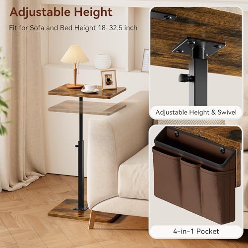 Vagusicc Sofa Armrest Tray Table for Couch, 360° Swivel Height Adjustable TV Tray Table for Small Spaces, Snack Side Table for Couch, Bed, Chair, C Shaped End Side Table for Eating, Reading, Laptop - color: Rustic Brown, style: With Storage Bag