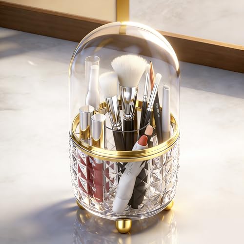 GOTOBA 360° Rotating Pencil Holder for Desk, Makeup Brush Holder with 6 Slots, Desk Organizer for Writing Utensil, Office and School Supplies (Clear with cover) - color: Clear with cover