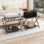 Smuxee Walnut Bamboo Luggage Rack Pack of 2, Foldable Suitcase Stand with Storage Shelf, Easily Assembled Luggage Stand with 5 Nylon-Straps for Guest Room Hotel Bedroom - color: Walnut 2PCS
