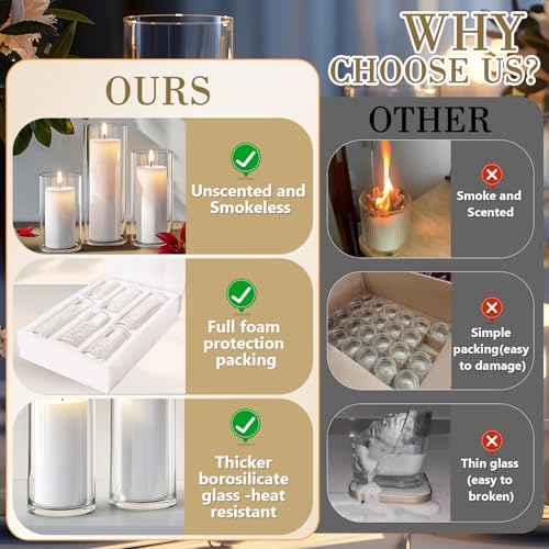 Homjoy 24 PCS White Pillar Candles with Glass Candle Holders Clear Hurricane Candle Holders Glass Cylinder Vases for Centerpieces Wedding Party, Event, Home Office (12 Candles+12 Candle Hoders) - style: 24 PCS White