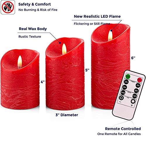 VENTA Flickering Flameless Candles with Remote Control - Led Candles Battery Operated - Battery Operated Candle for Decoration Table, Timer & Dimmer Features, Set - 3Pcs (4",5",6") (Red) - color: Red