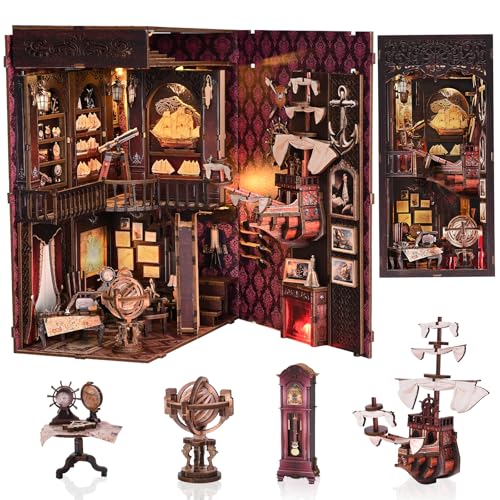 TOYQI Book Nook Kit, Book Nook Kits for Adults, DIY Miniature Dollhouse Kit 3D Wooden Puzzle Booknook Bookend with LED Light - style: Voyage Memories