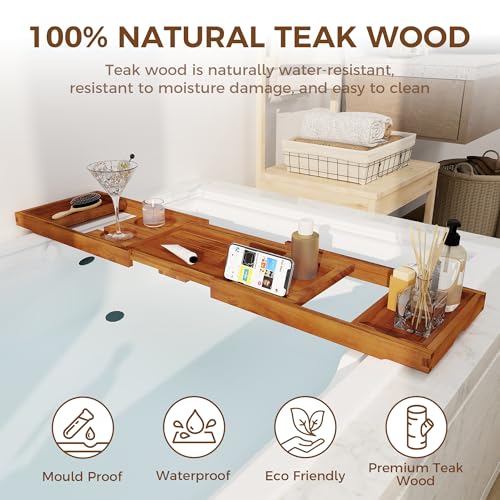 Teak Bathtub Tray - Luxury Bath Tray with Expandable Handles, Wine Glass and Phone Holders, Book Stand - Perfect for Home Spa Relaxation and Reading - Natural Bath Accessories - Light Walnut Color - color: Light Walnut-expandable