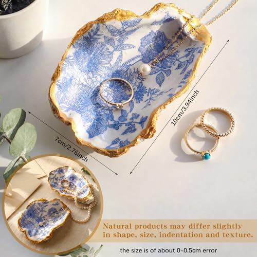 Natural Oyster Ring Trinket Dish Vintage Jewelry Tray for Keys Small Jewelry Holder for Bridal Shower Favors Friends Sisters Daughter Mother Gift Seaside Style Decor(Blue Floral) - style: Blue Floral