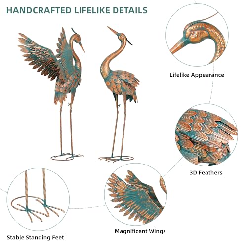 Extra-Large Metal Crane Statue, 36.8" Handcrafted Blue Heron Decor Sculptures with Stable U-Ground Stakes, Backyard Decoration, Metal Garden Bird Animal Yard Art, Lawn Ornament Decor - color: 36" -Weathered Copper Blue