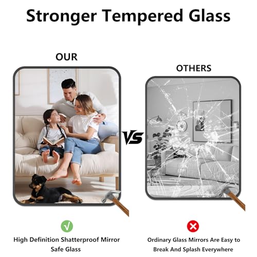 Koonmi Bathroom Mirror, 28X32 Inch Black Metal Framed Mirror for Bathroom, Tempered Glass, Anti-Rust, Rounded Rectangle Mirror for Restroom, Bedroom, Black - color: Rounded Edged, size: 32"L x 28"W