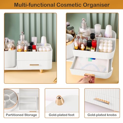 Rotating Makeup Organizer for Vanity with Brush Holder and Drawer, Cosmetic Makeup Storage, Large Spinning Makeup Skincare Organizer, Countertop Makeup Perfume Organizer, Lotions Display Case (White) - color: With Drawer-White
