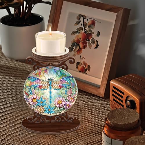 Diamond Art Painting Candlestick Holder kits, Dragonfly DIY shaped crystal Diamond art painting, woodiness Candle holder for AromaRelax & Home Decor, Christmas Halloween Ornaments (Double-Sided) - color: Dragonfly